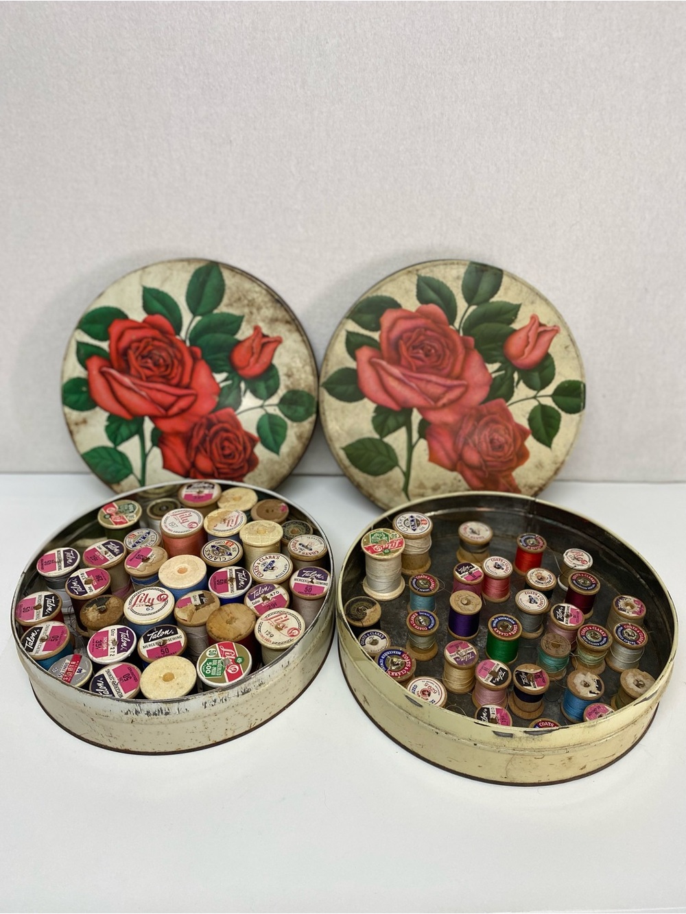 Vintage 2 Mrs Stevens Chicago Candy TIns W/Rose Lots of  Wooden Spools Thread
